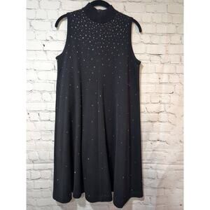 Vintage Liz Claiborne Black Crystal Sleeveless Dress LBD Mock Neck Med